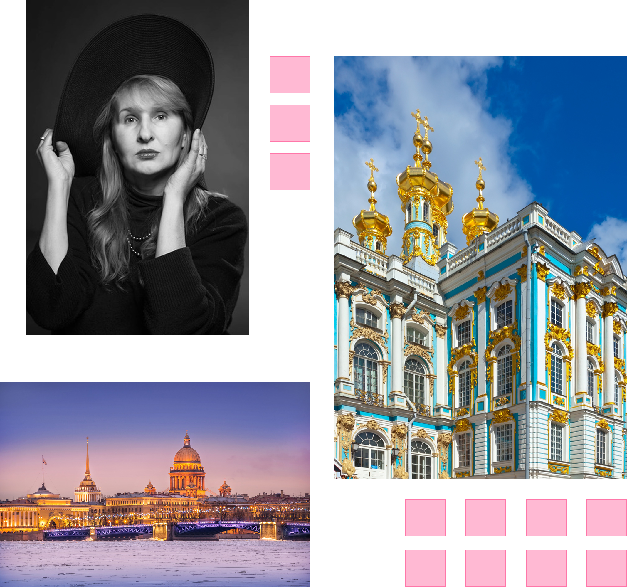 Yelena Samoukova artistic collage featuring portrait and Saint Petersburg palace architecture with design elements